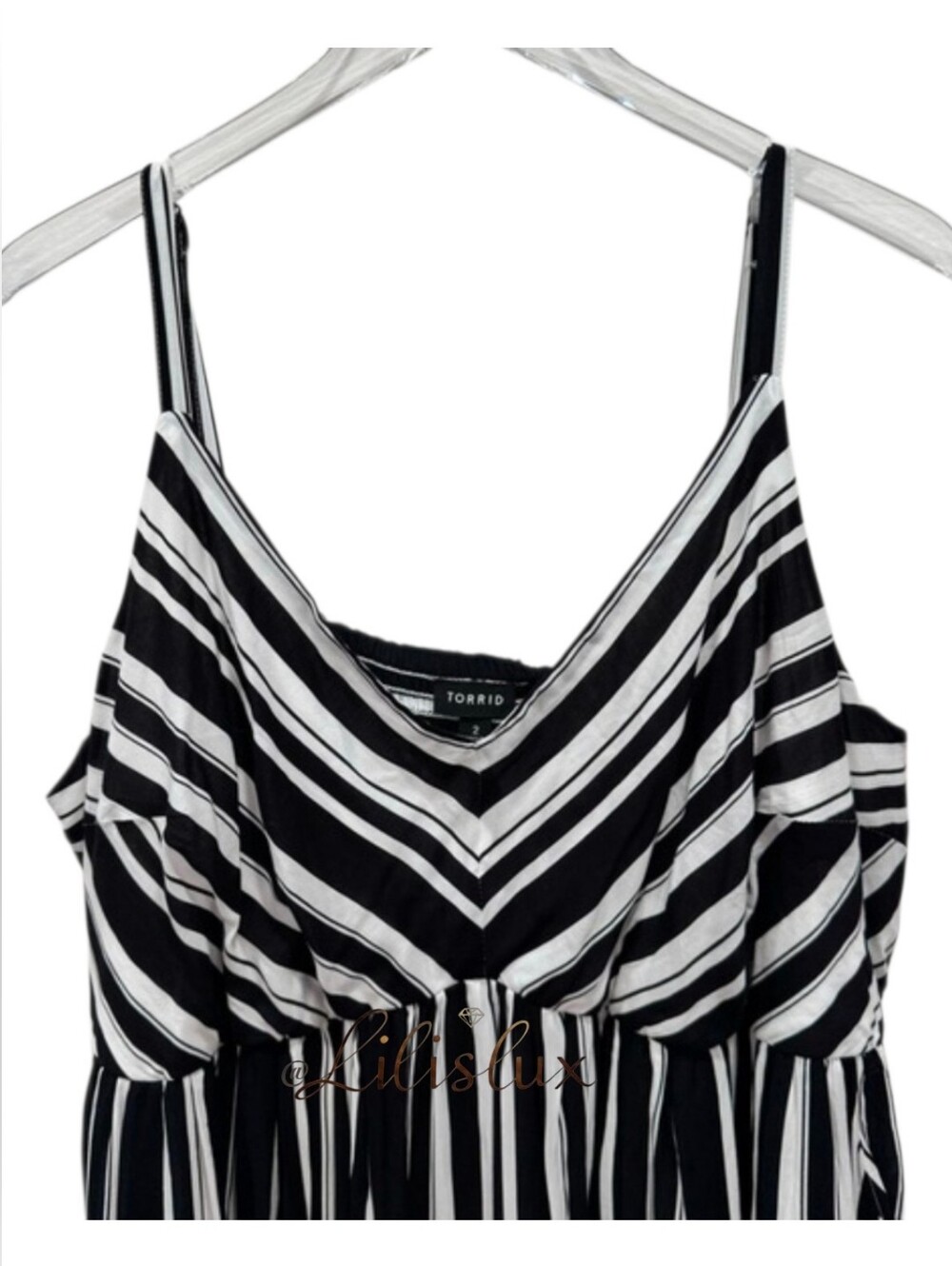Torrid Size 2 Black And White Stripe Spaghetti Strap Dress Challis Ruffle Midi - Picture 4 of 10